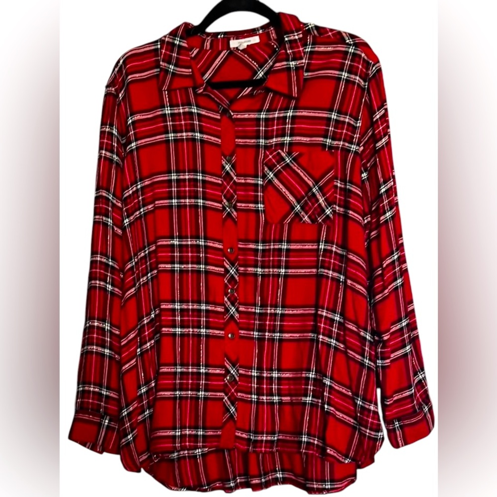 MAURICES Bright Red/White/Black/Gold Plaid Button Down Shirt/Tunic Sz XXL, EUC.